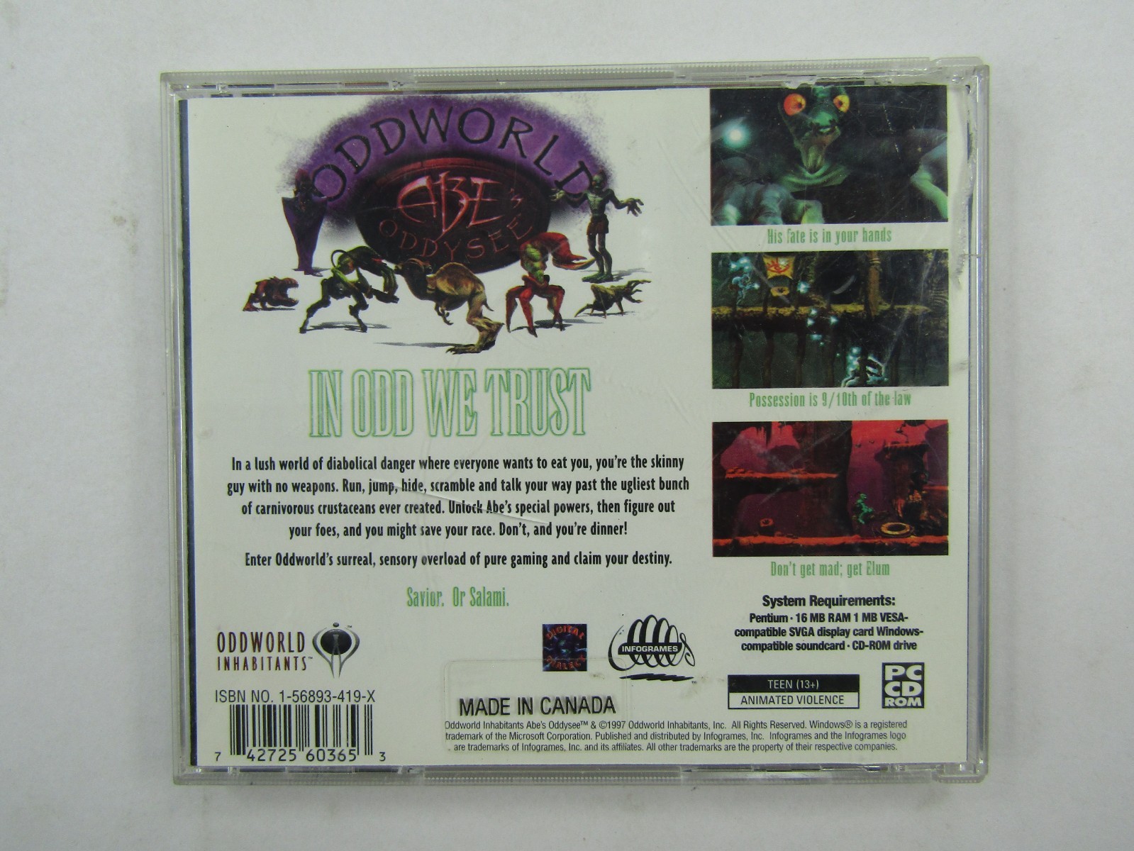 Oddworld Abes Oddysee PC CD Rom Computer Game Infogames CIB Manual & CD