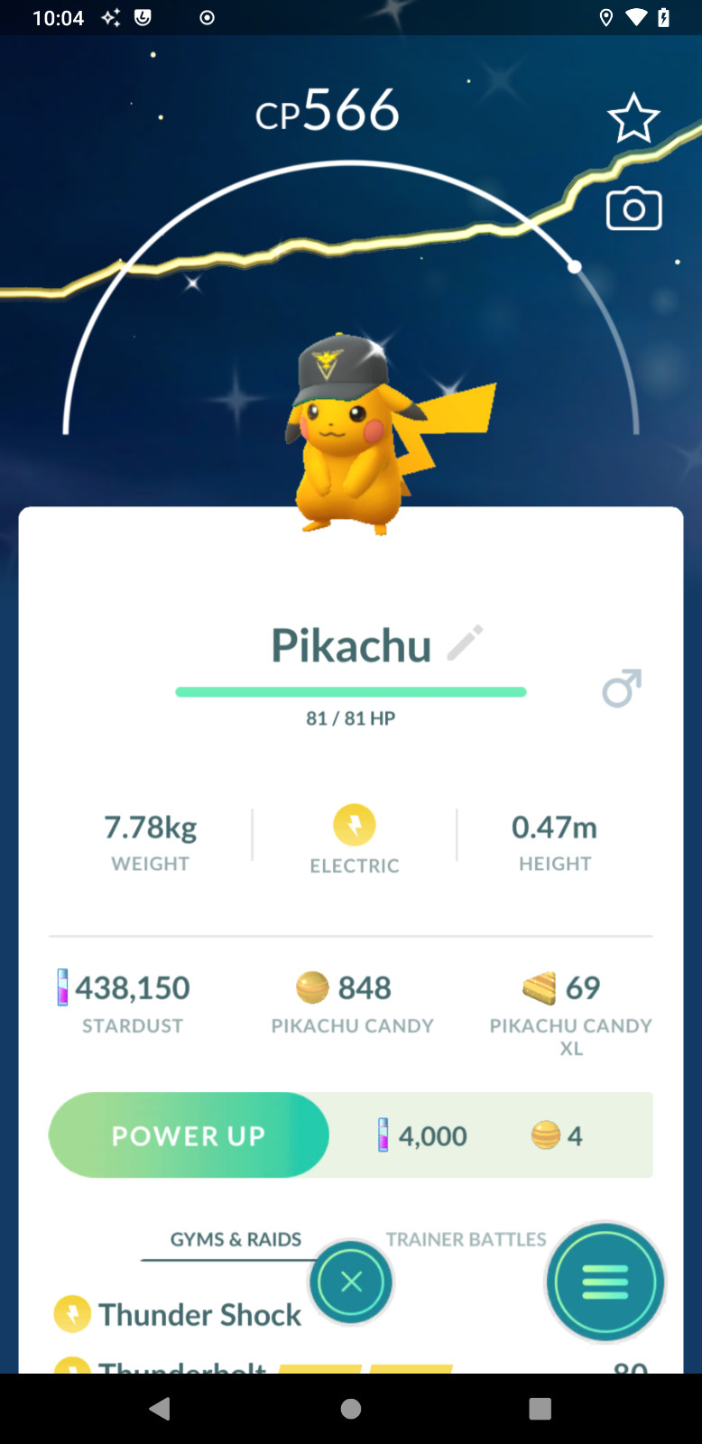 Shiny Pikachu wearing a Team Instinct hat – GoFest 2026 TR-DE 20k dust