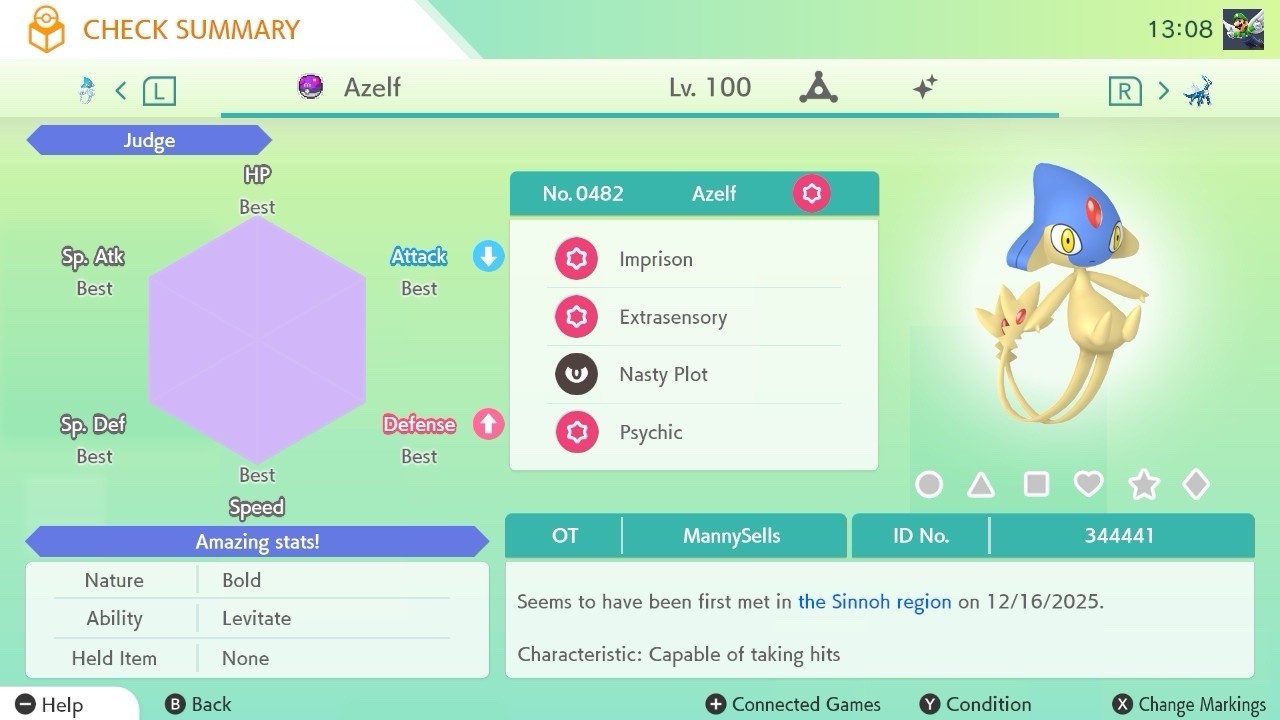 BDSP Caught Legendaries Shiny/Non Shiny, 6IV, Level 100, EVs 6HP 252ATK 252SPE