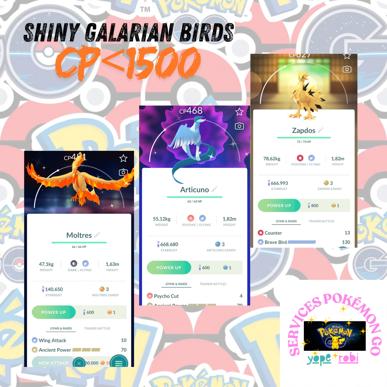 Pokémon Shiny Galarian Moltres Zapdos Articuno CP 1500 – Trade 20kdust or P T C