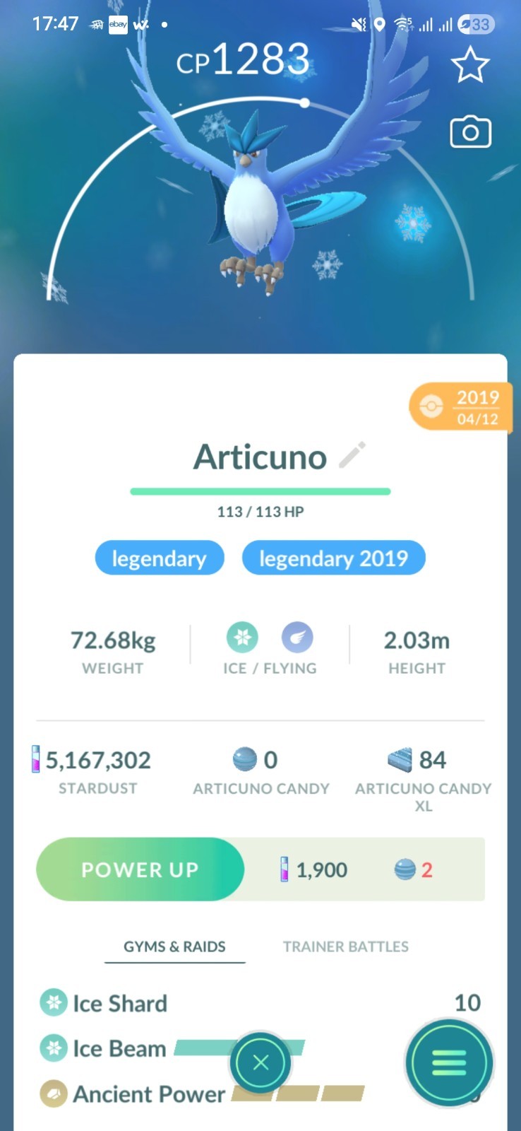 Articuno ( Great League ) ( 3 Moves ) Pokemon Ultra Friends / Registered Go