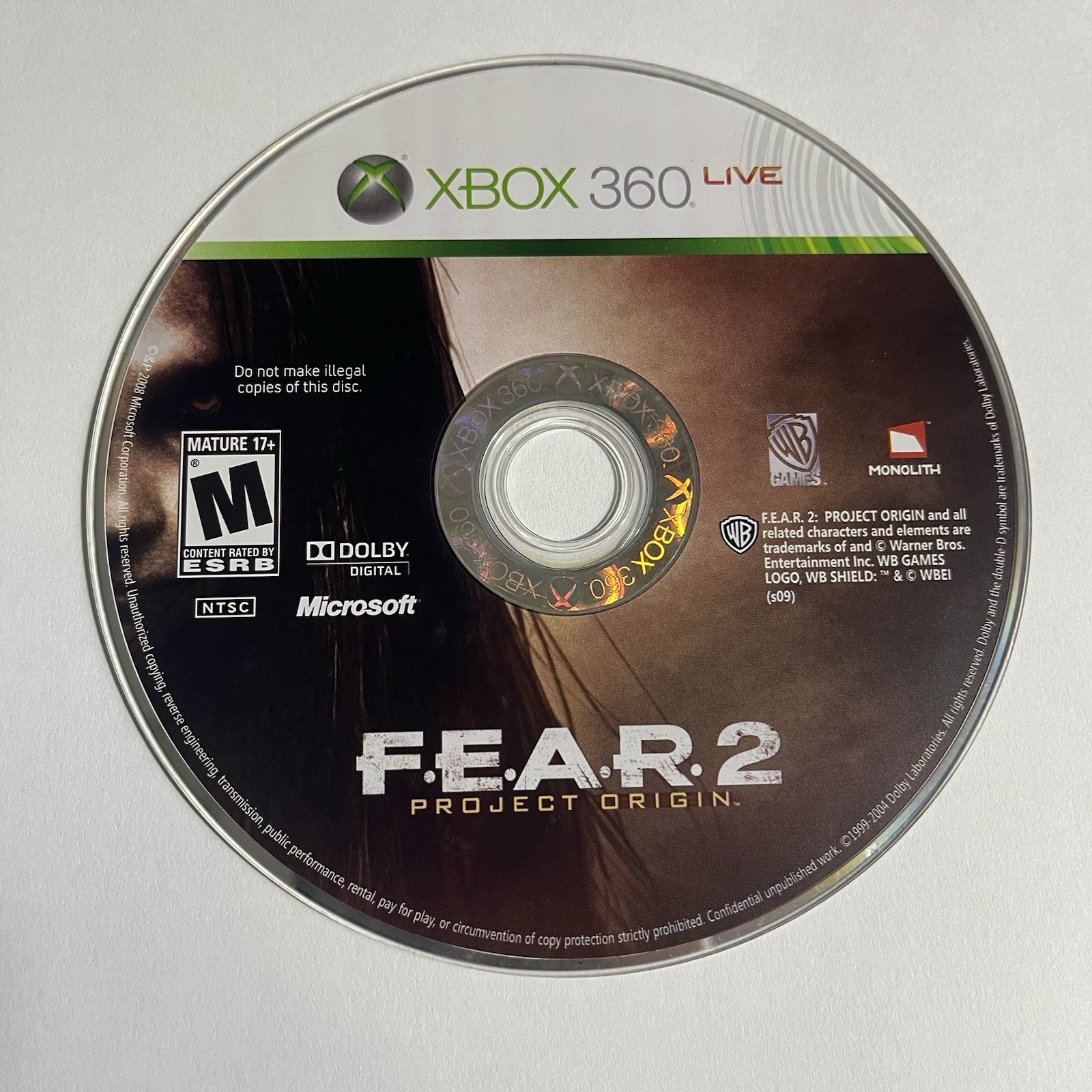 F.E.A.R. 2: Project Origin (Microsoft Xbox 360, 2009) Disc Only Tested