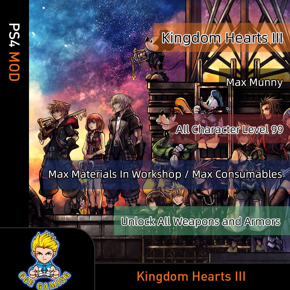 Kingdom Hearts III (PS4 Mod)- Max Money/Level/Skill points/ Items/Materials