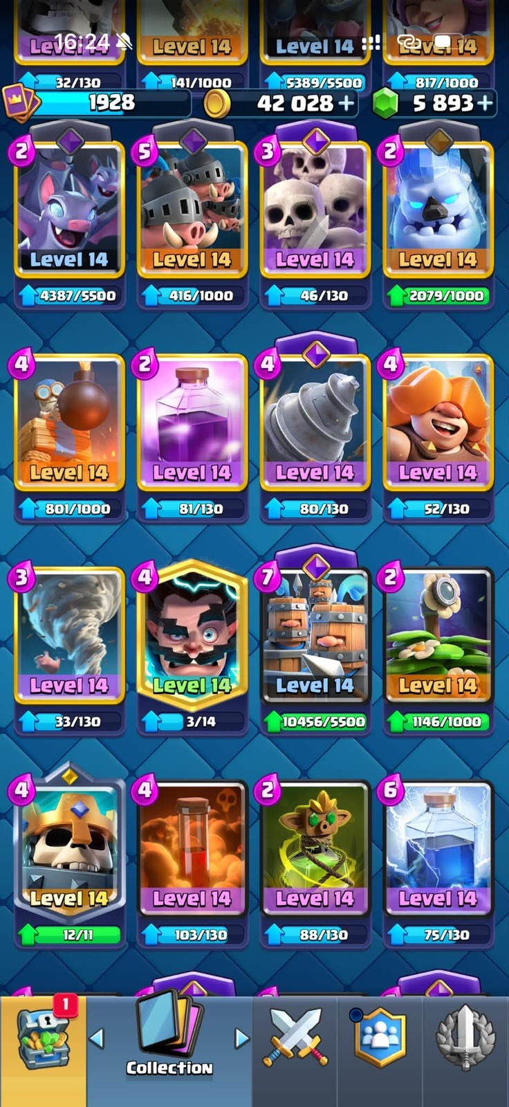 CR/LVL 75(80 Card LV 16-15-14) 13.5K Trophy/127 Emote/14 Tower Skin/32 Evoes