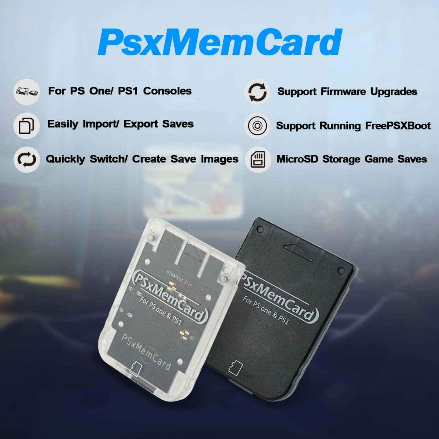 PSxMemCard PS1 Memory Card – Supports Firmware Upgrade, Saves Game Tran-White