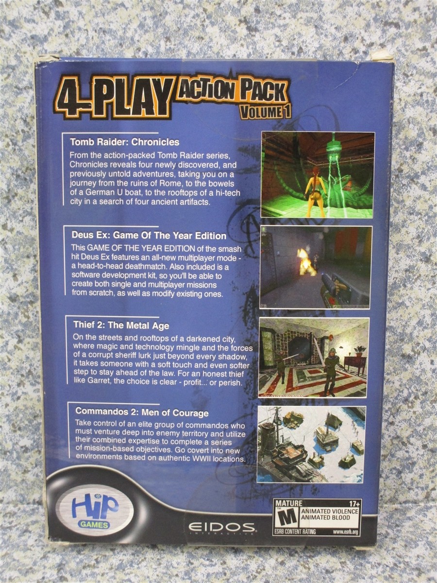 Video Game PC 4 Play Action Pack Volume Deus EX Thief II Commandos 2 Tomb Raider