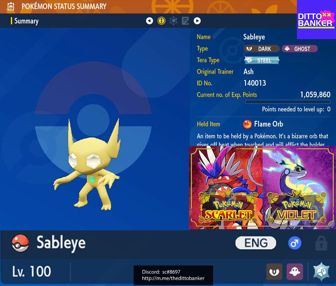 Pokemon Scarlet/Violet ✨SHINY SABLEYE Lv.100 Sassy 6IV Flame Orb / Prankster