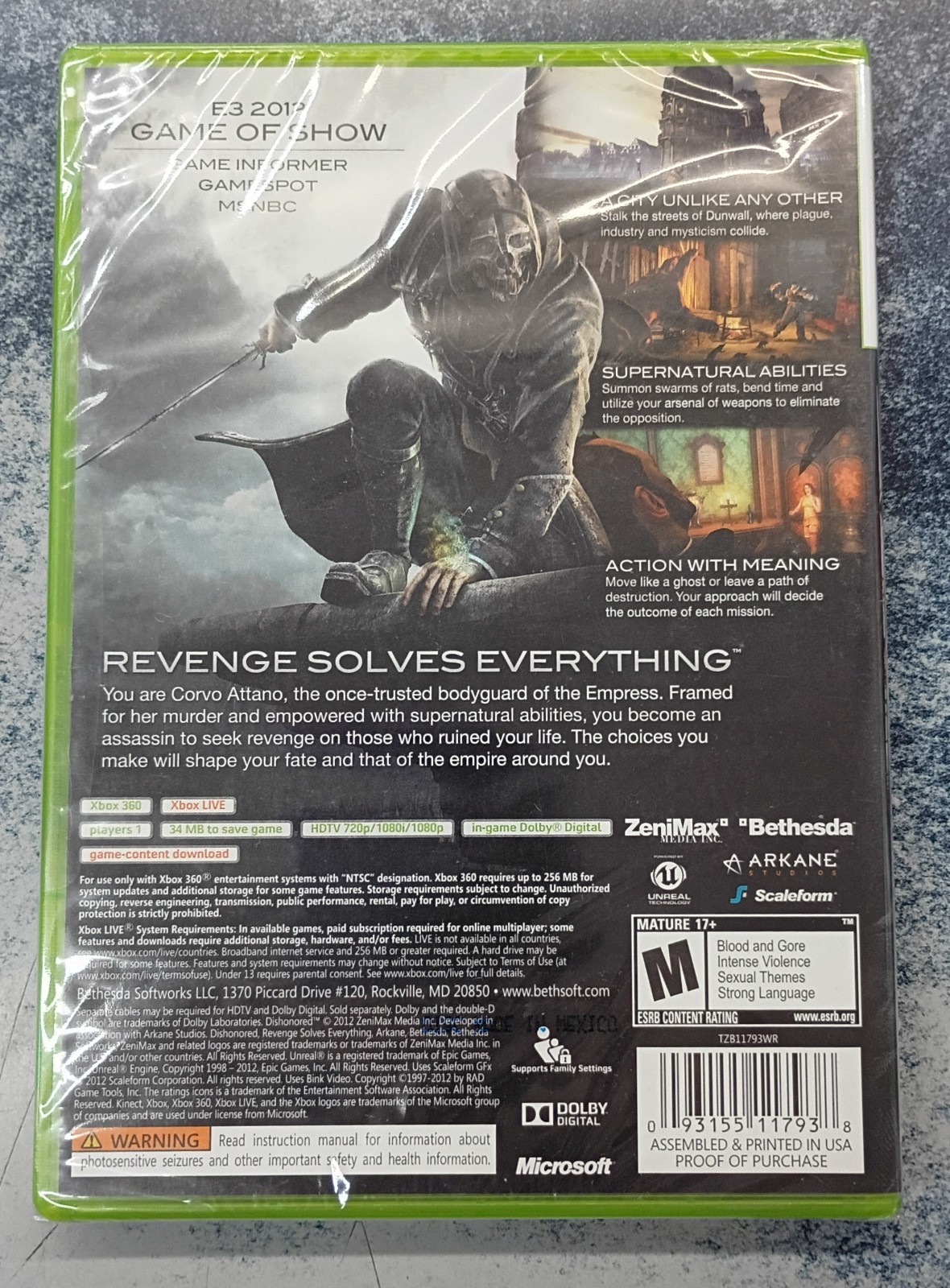 Dishonored (Microsoft Xbox 360, 2012) BRAND NEW, SEALED!
