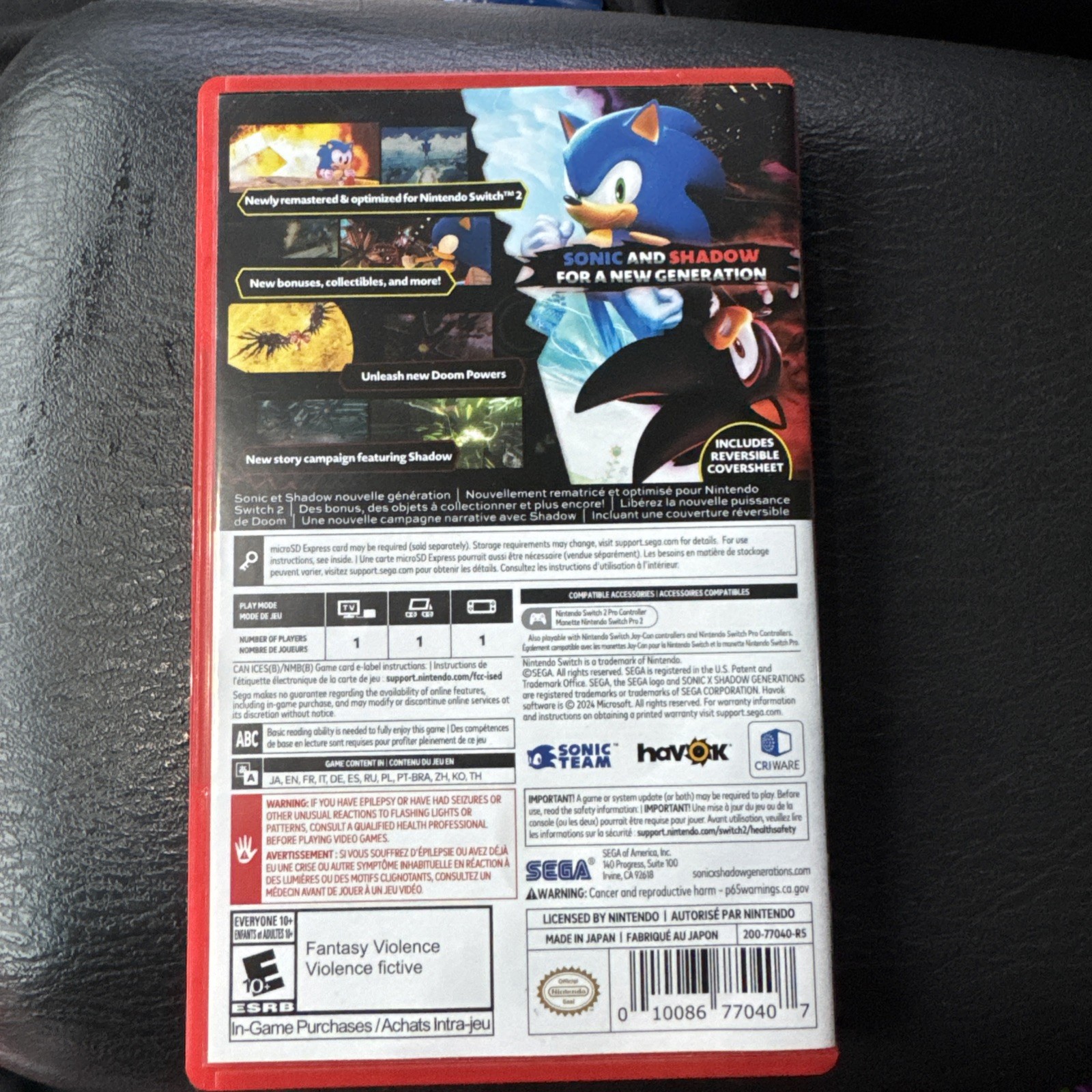 Sonic X Shadow Generations for Nintendo Switch 2 Game-Key Card Day One Edition