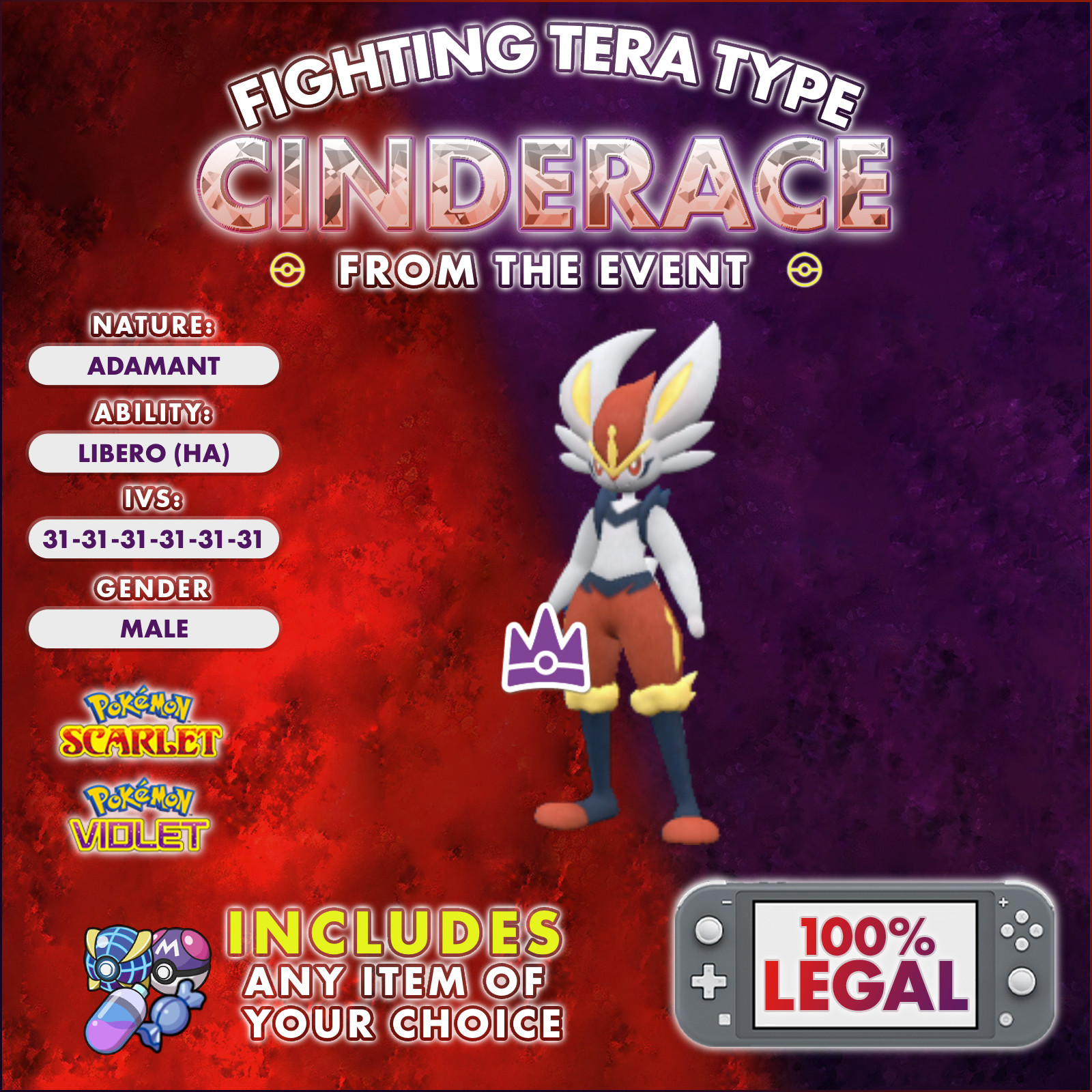 Pokemon Scarlet and Violet ~ 6 IV Cinderace Fight Tera Type ~ Same Day Delivery