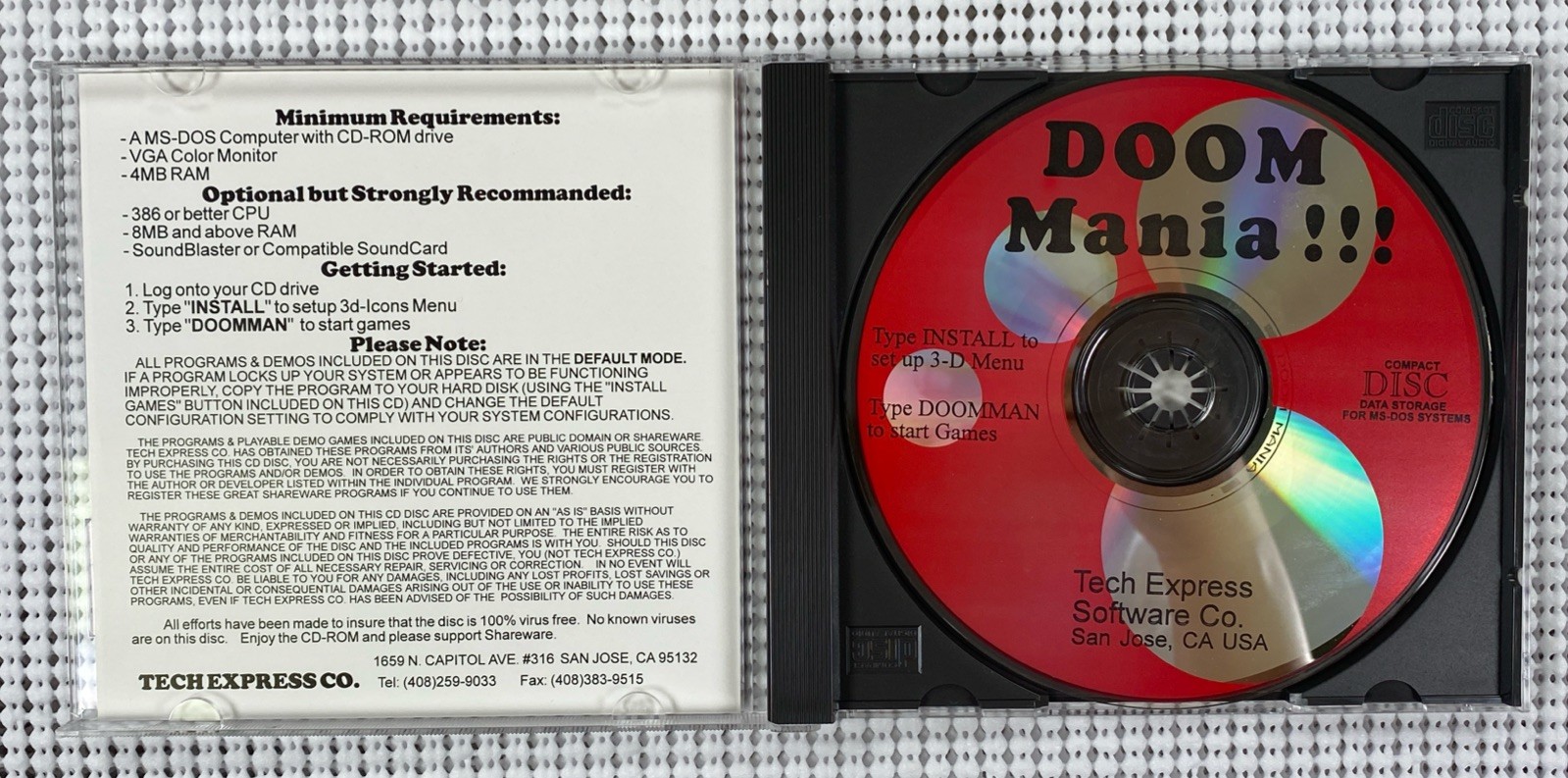 Doom Mania Tech Express Software 1994 PC CD-ROM MS-DOS