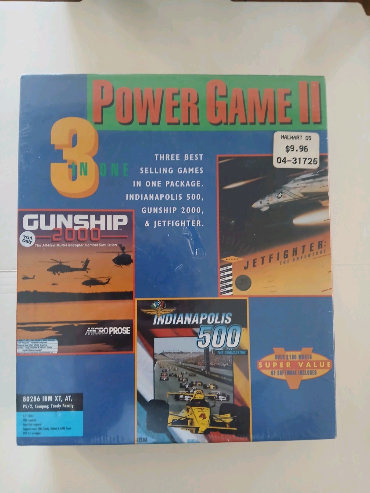 POWER GAME II: GUNSHIP 2000 INDIANAPOLIS 500 JETFIGHTER ADV PC 3.5″ NEW & SEALED