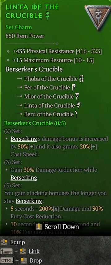 Set Charm Berserker’s Crucible Full set 75 Max Resource Diablo 4 Season 14 S14
