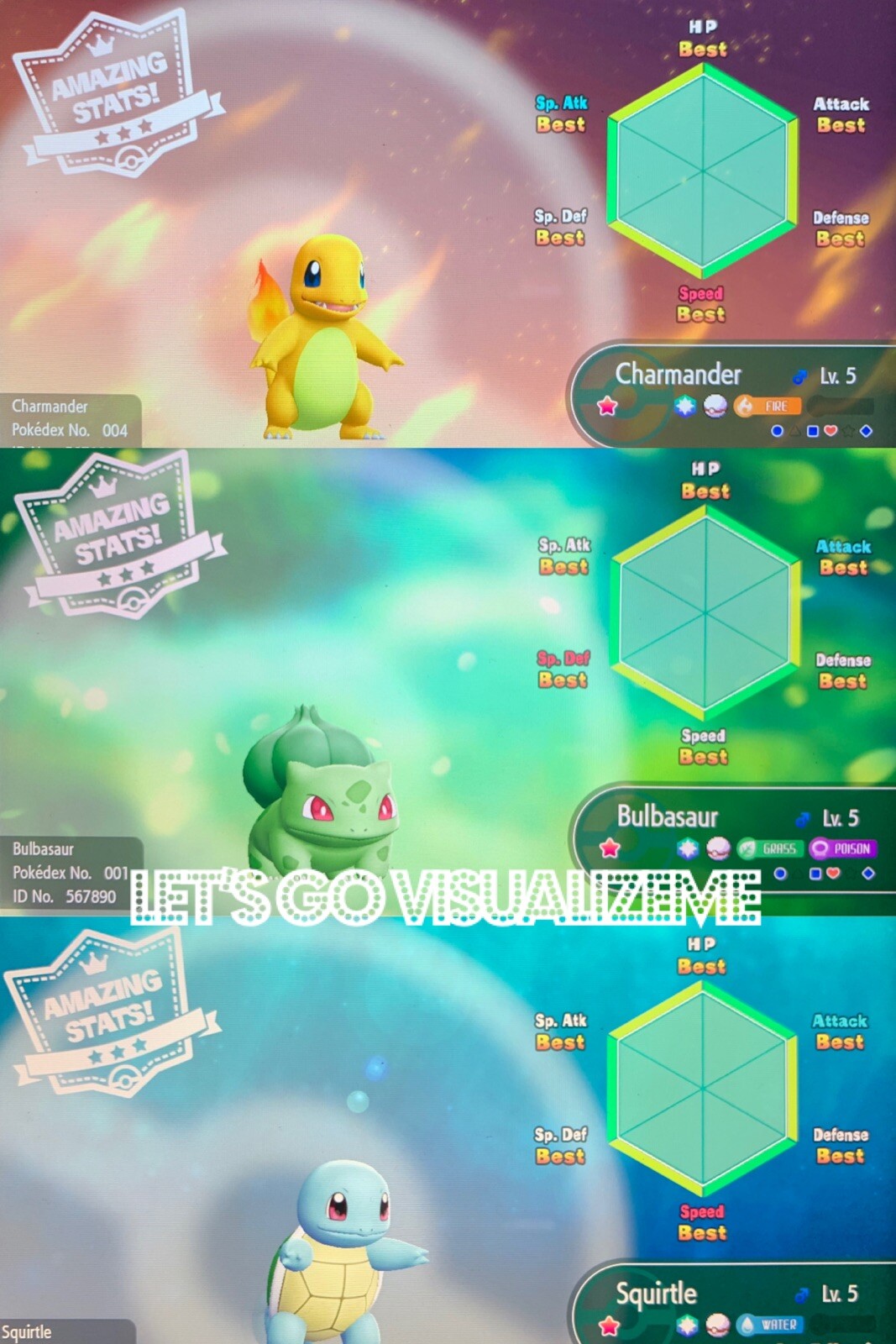 Pokemon Let’s Go Pikachu & Eevee – Shiny 6IV Charmander Squirtle Bulbasaur Set