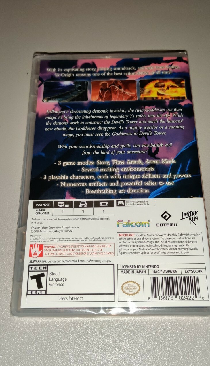 Ys Origin Switch 2020 – Limited Run Games – Variant – Sealed