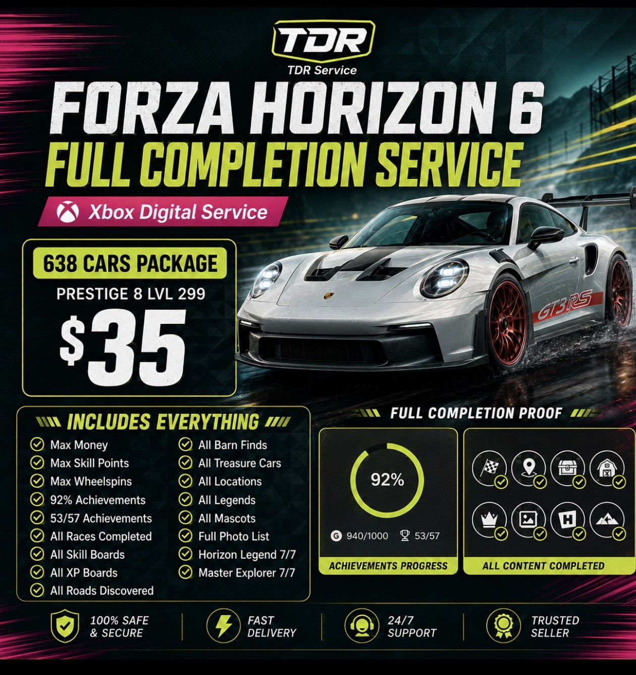 Forza Horizon 6 Full Completion | P8 Lvl 299 | Max Money Skills Spins | 638 Car