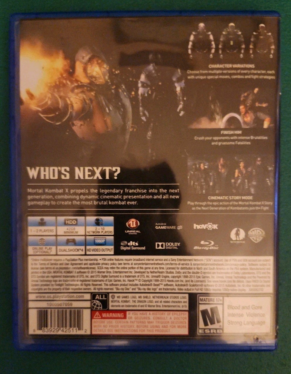 Warner Bros Mortal Kombat X PS4 Fighting Martial Arts Mature 2015 Papers