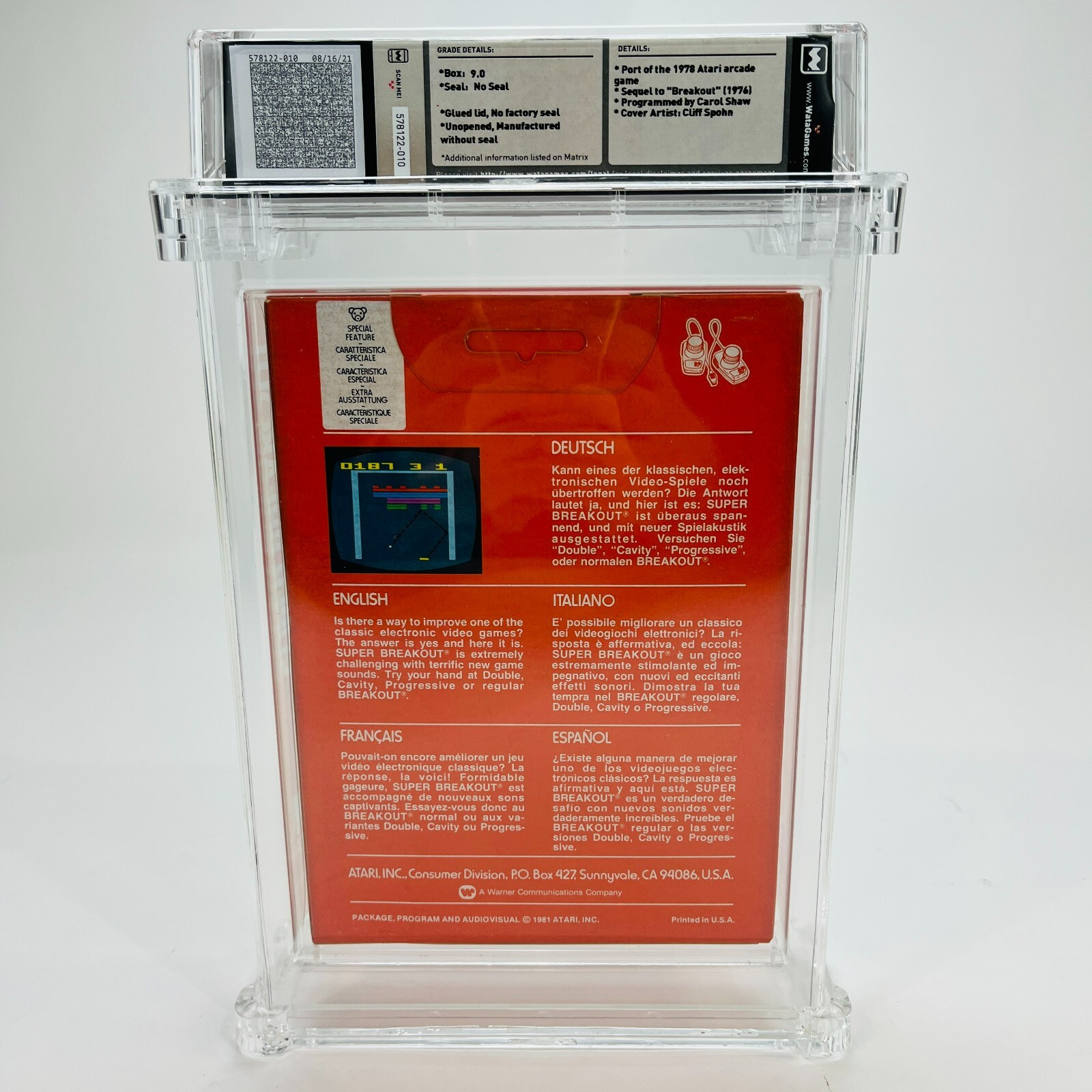 Super Breakout – Atari 2600, 1981 Orange Box w/Hangtab Sealed NEW!! WATA 9.0 NS