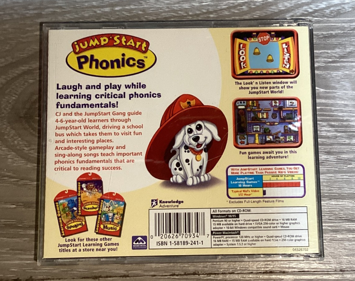 JumpStart Phonics Learning Games PC CD-ROM 1999 Windows 95 98 Macintosh Vintage
