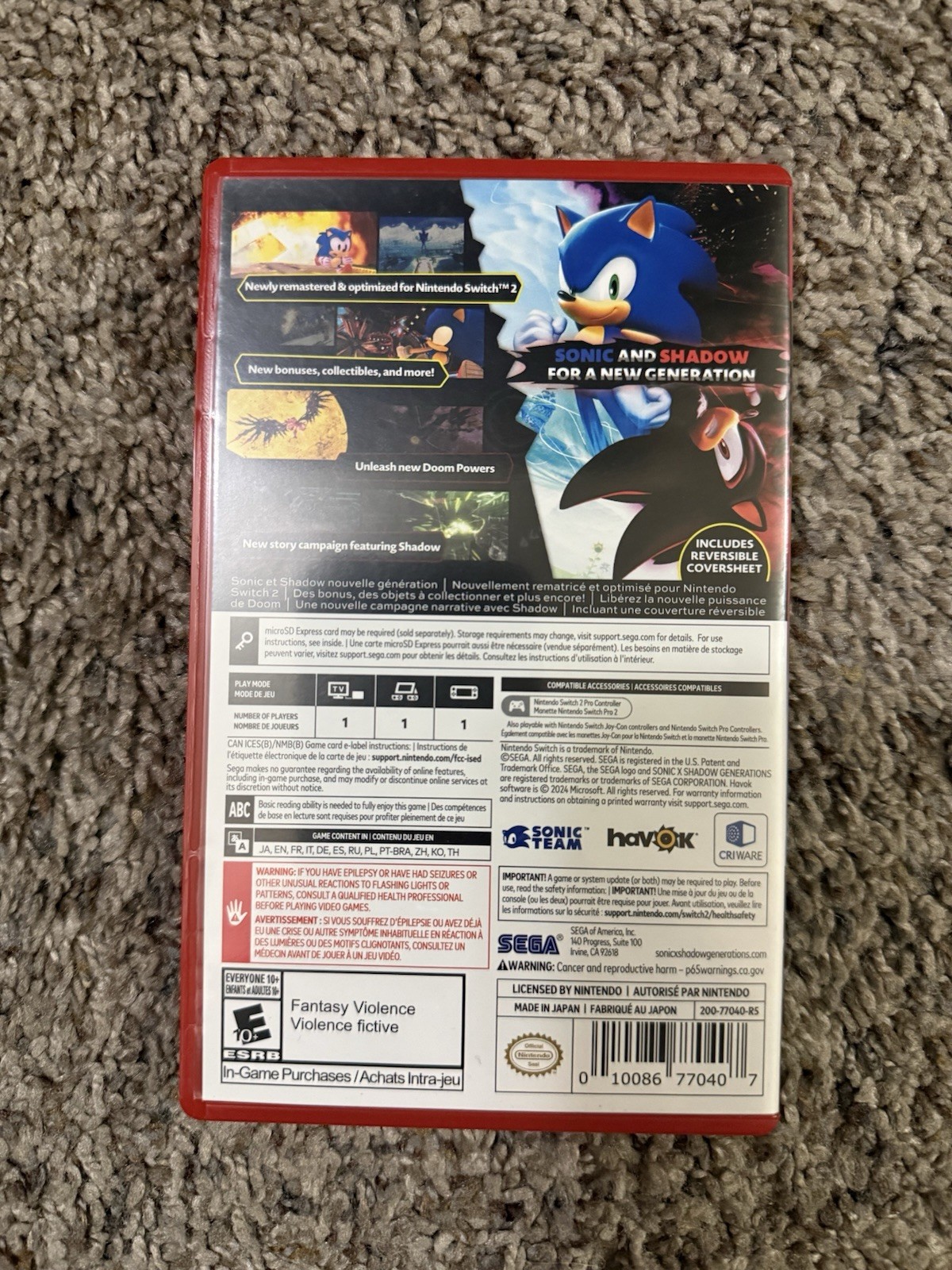 Sonic X Shadow Generations (Nintendo Switch 2 Game-Key Card) CIB – Tested