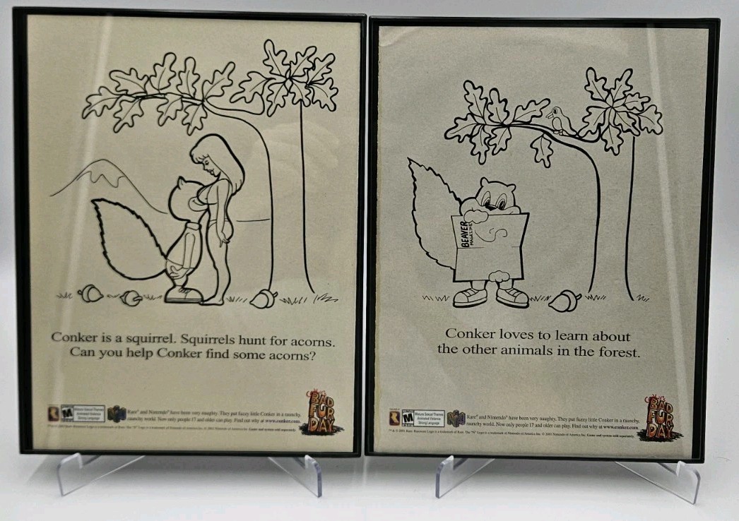 Set of 2: Framed Authentic Nintendo 64 Conker’s Bad Fur Day Ads. Read!