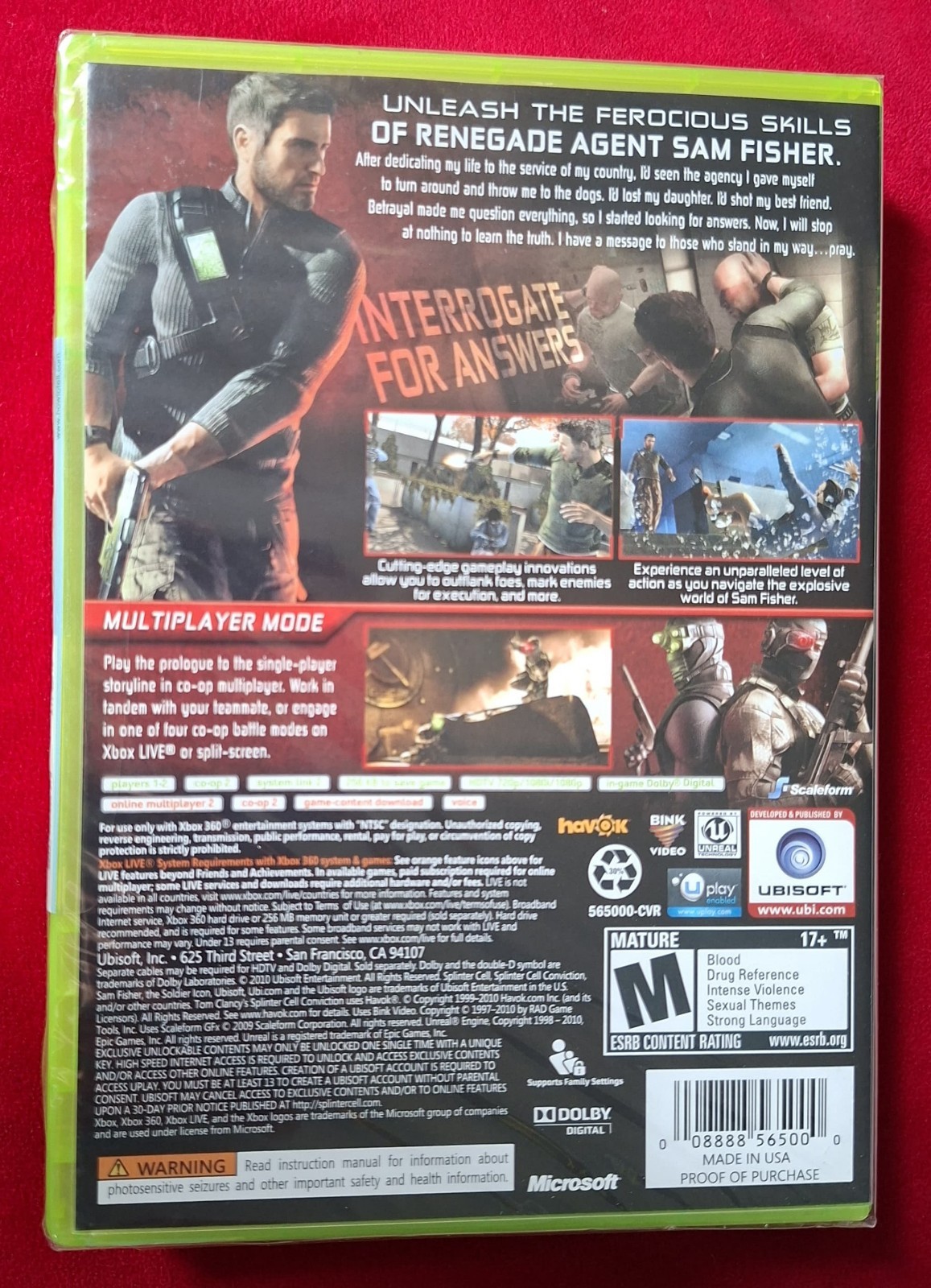 Tom Clancy’s Splinter Cell: Conviction (Microsoft Xbox 360, 2010). Brand New