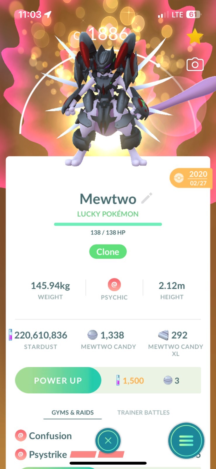 Armored Mewtwo – Guaranteed Lucky – Registered or 1M- Pokémon GO