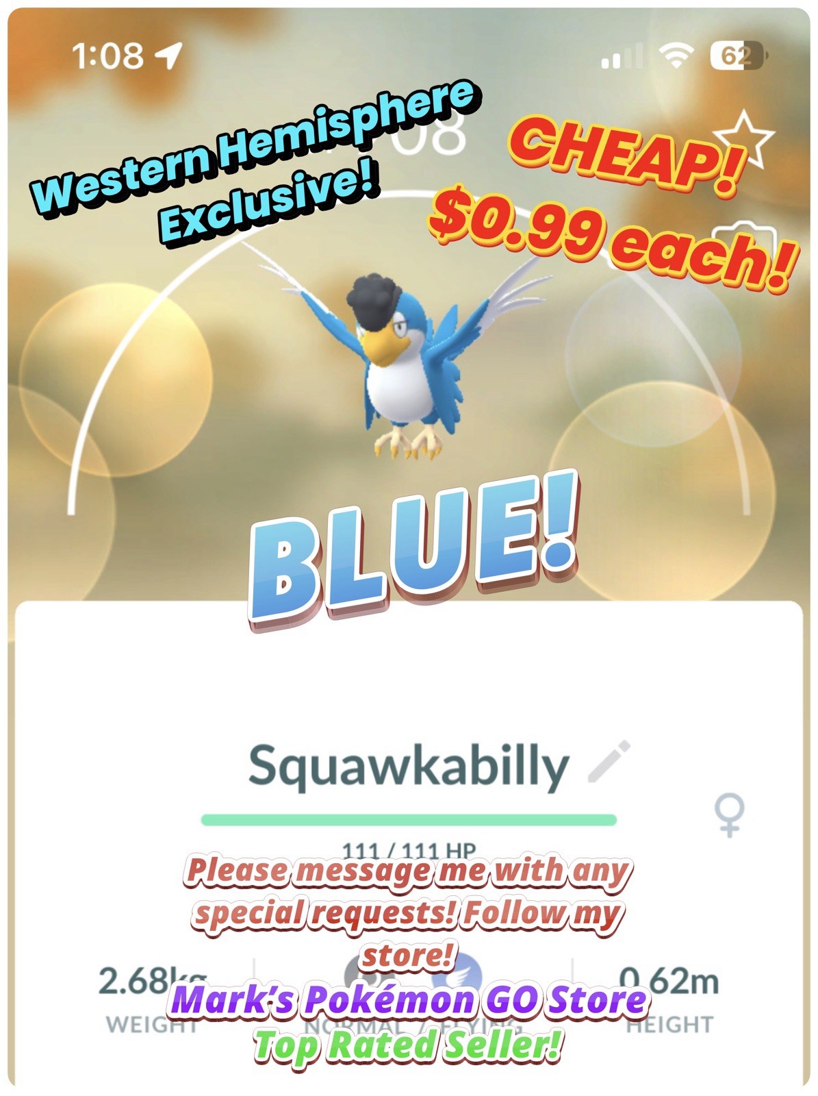 Pokémon🔵Blue Squawkabilly🔵Western Hemisphere Exclusive!🔵$0.99 Each!🔵Go