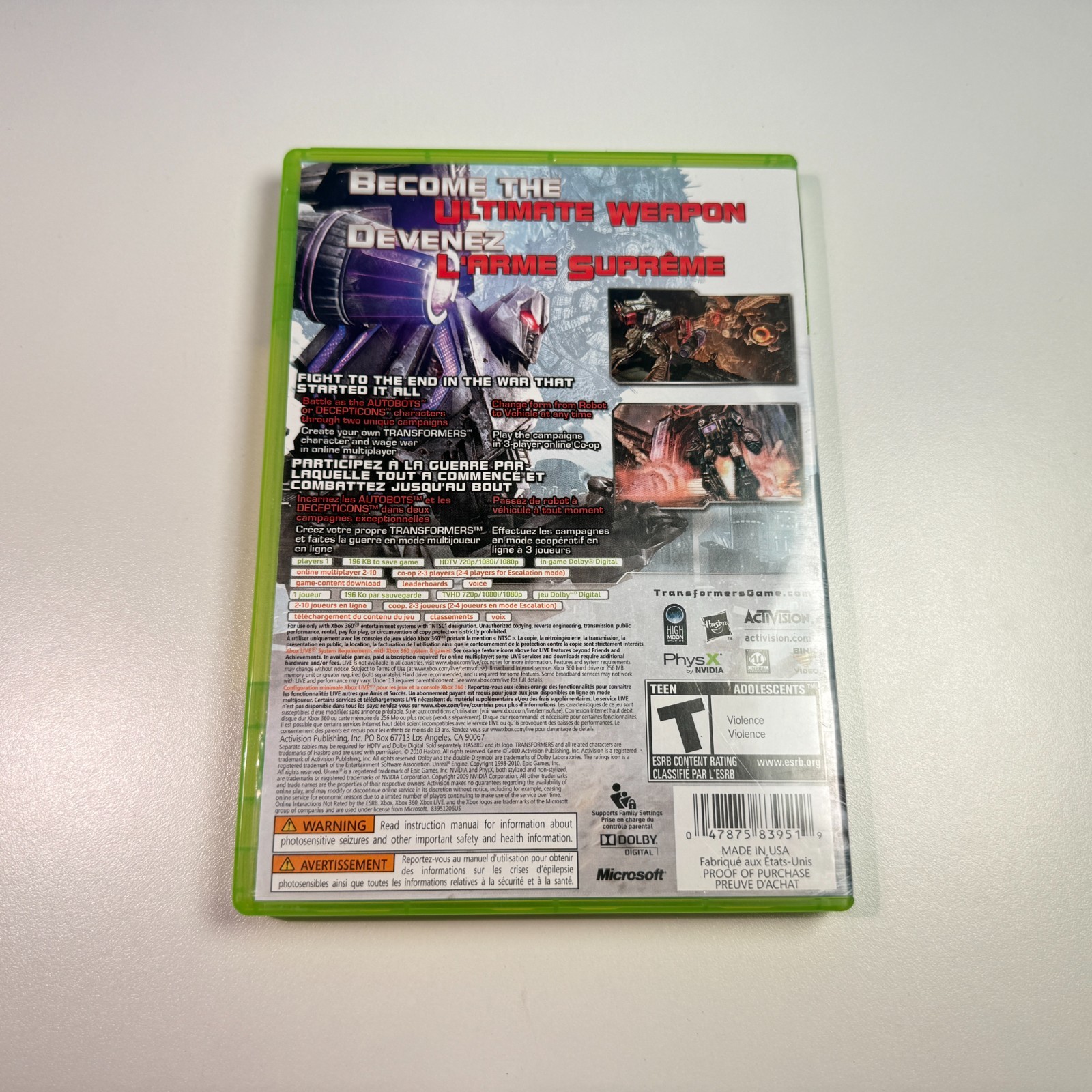 Transformers: War for Cybertron (Microsoft Xbox 360, 2010) Complete In Box CIB
