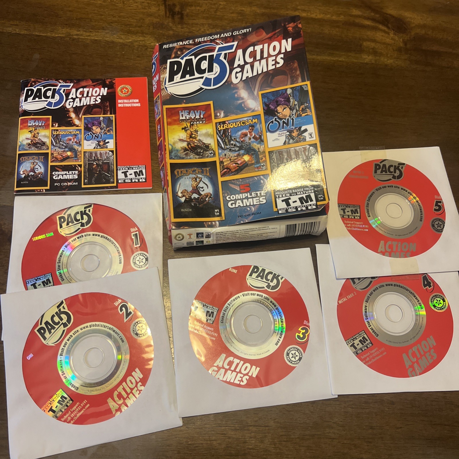 PACK 5 ACTION GAMES COMPUTER PC SERIOUS SAM ONI HEAVY METAL RUNE MYTH II SOUL