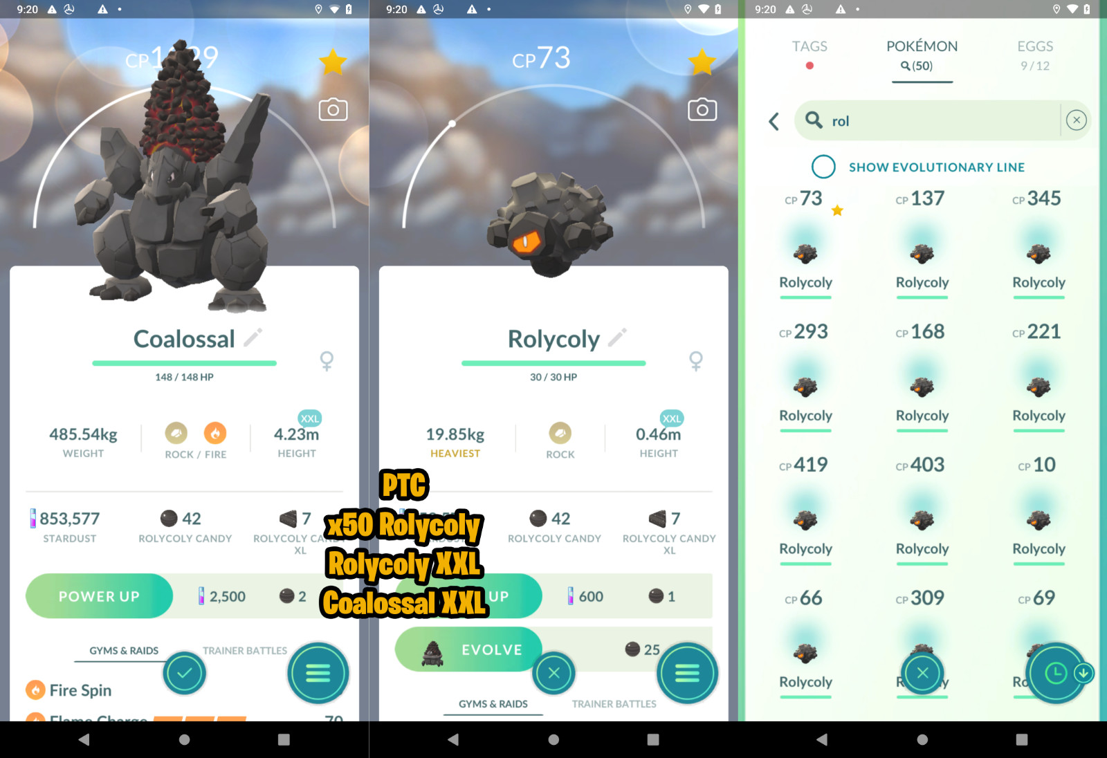 Rolycoly x50, Rolycoly XXL, Coalossal XXL | Mini P T C 80K Stardust