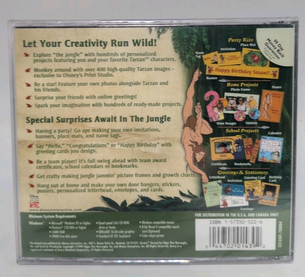 Disney’s Tarzan Print Studio (PC CD-ROM, 1999) Brand New B637