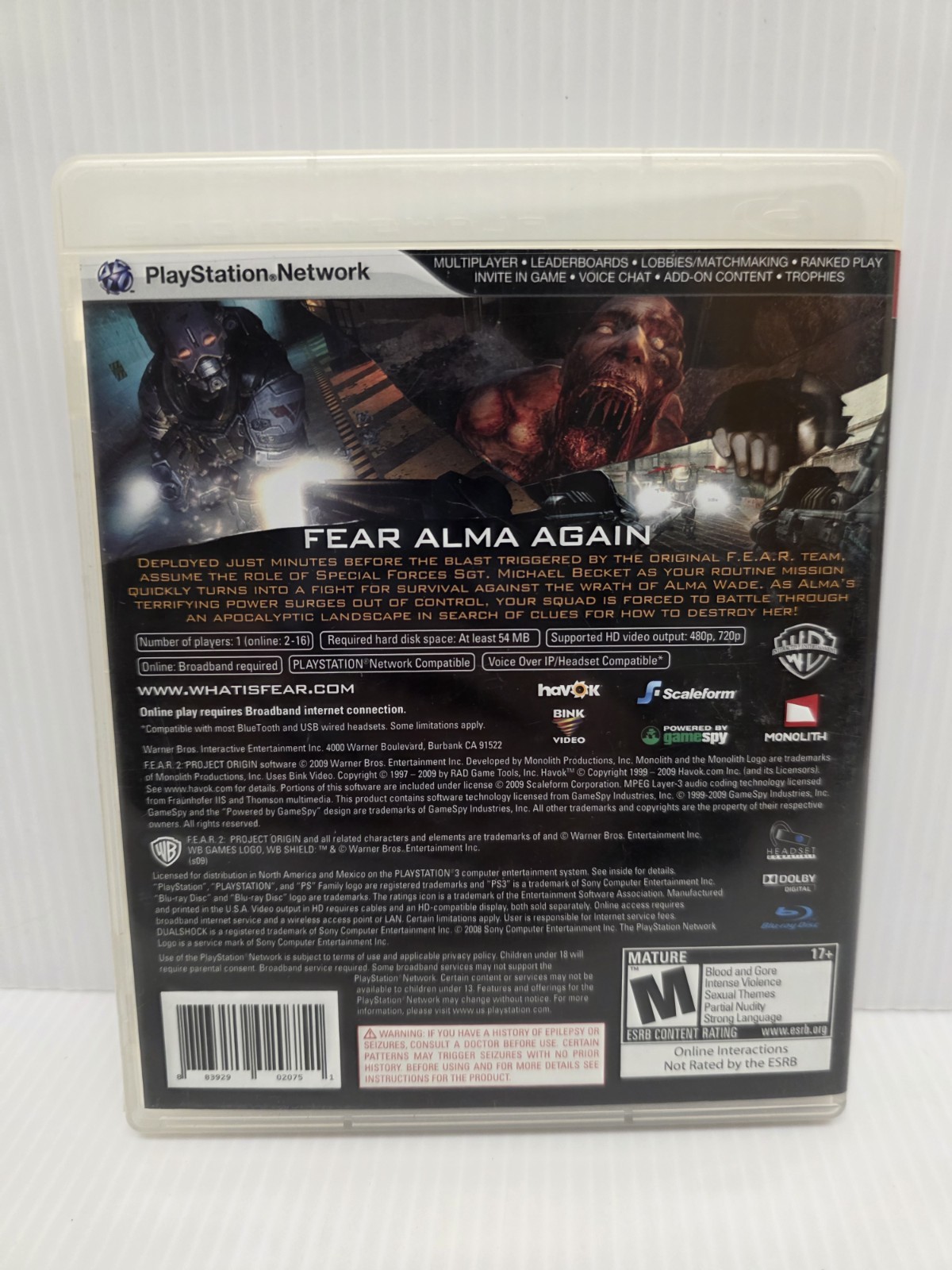 F.E.A.R. 2: Project Origin Video Game Sony PlayStation 3, 2009 – PS3 Complete