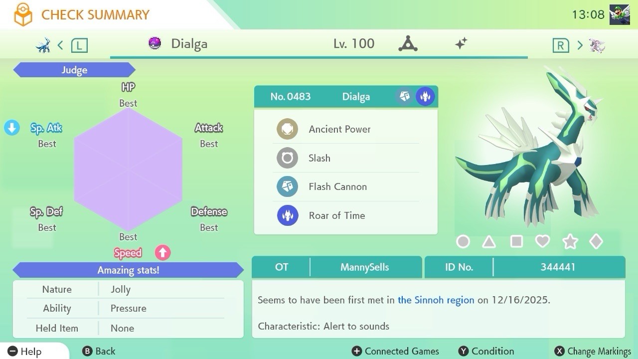 BDSP Caught Legendaries Shiny/Non Shiny, 6IV, Level 100, EVs 6HP 252ATK 252SPE