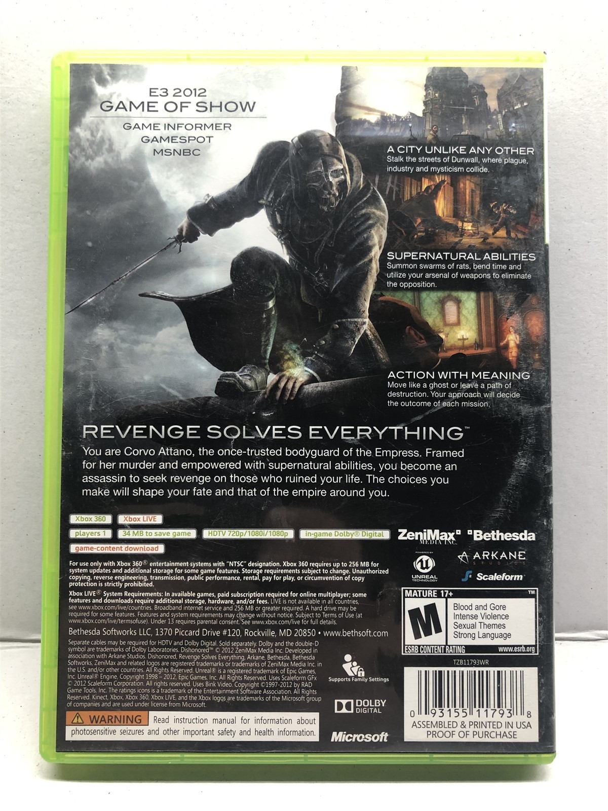 Dishonored (Microsoft Xbox 360, 2012) Clean Tested Working – Free Ship
