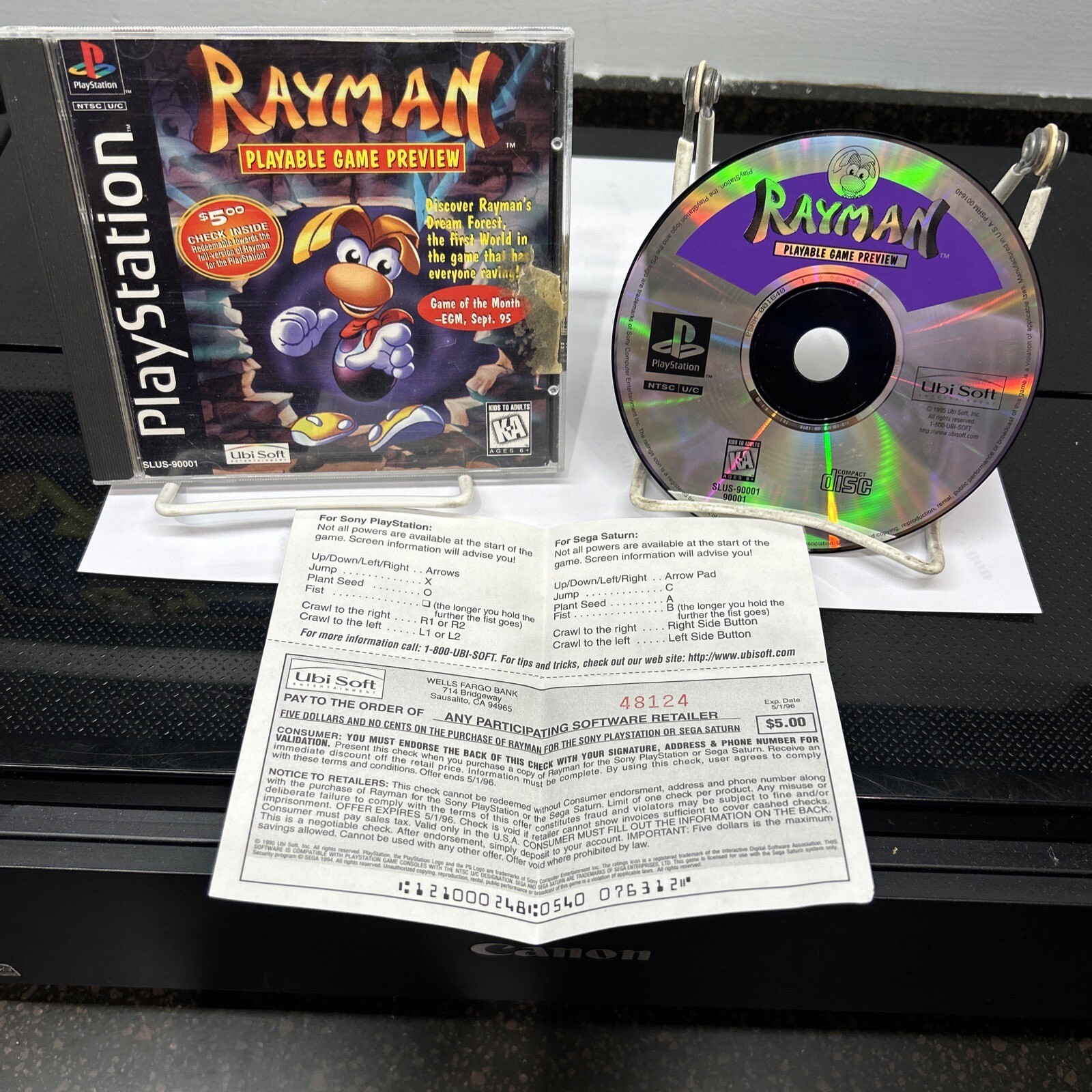 Playstation PS1 Rayman Playable Game Preview Demo Disc + Ubisoft Check WOW RARE!