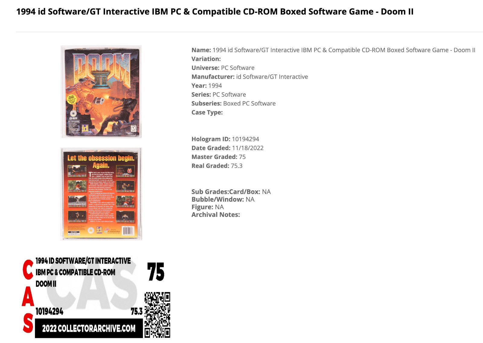1994 IBM PC Doom II id Software/GT Interactive Graded CAS 75 Brand New SEALED