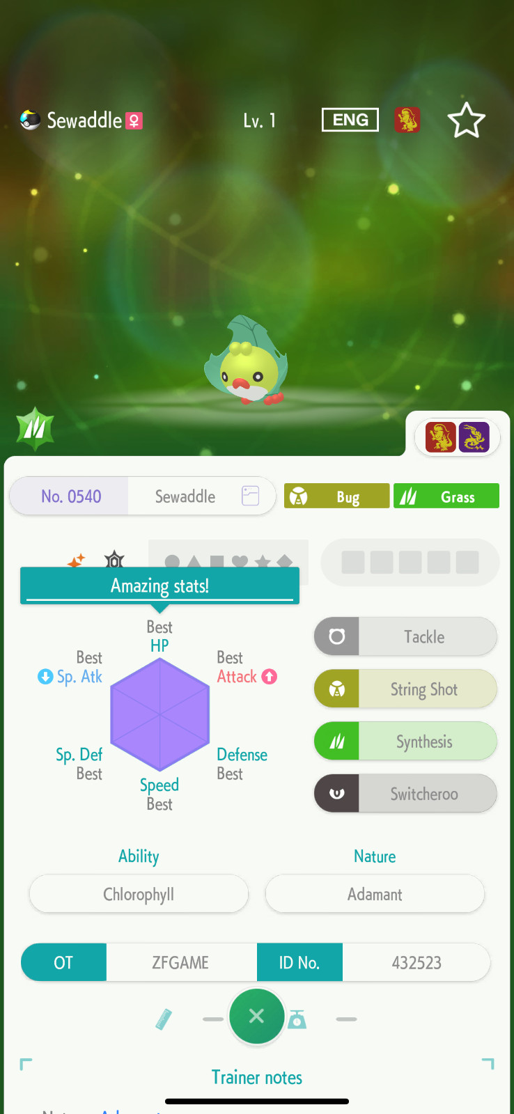✨6IV SHINY Sewaddle + EVS🚀 POKEMON HOME✨Champions✨Online delivery⚡