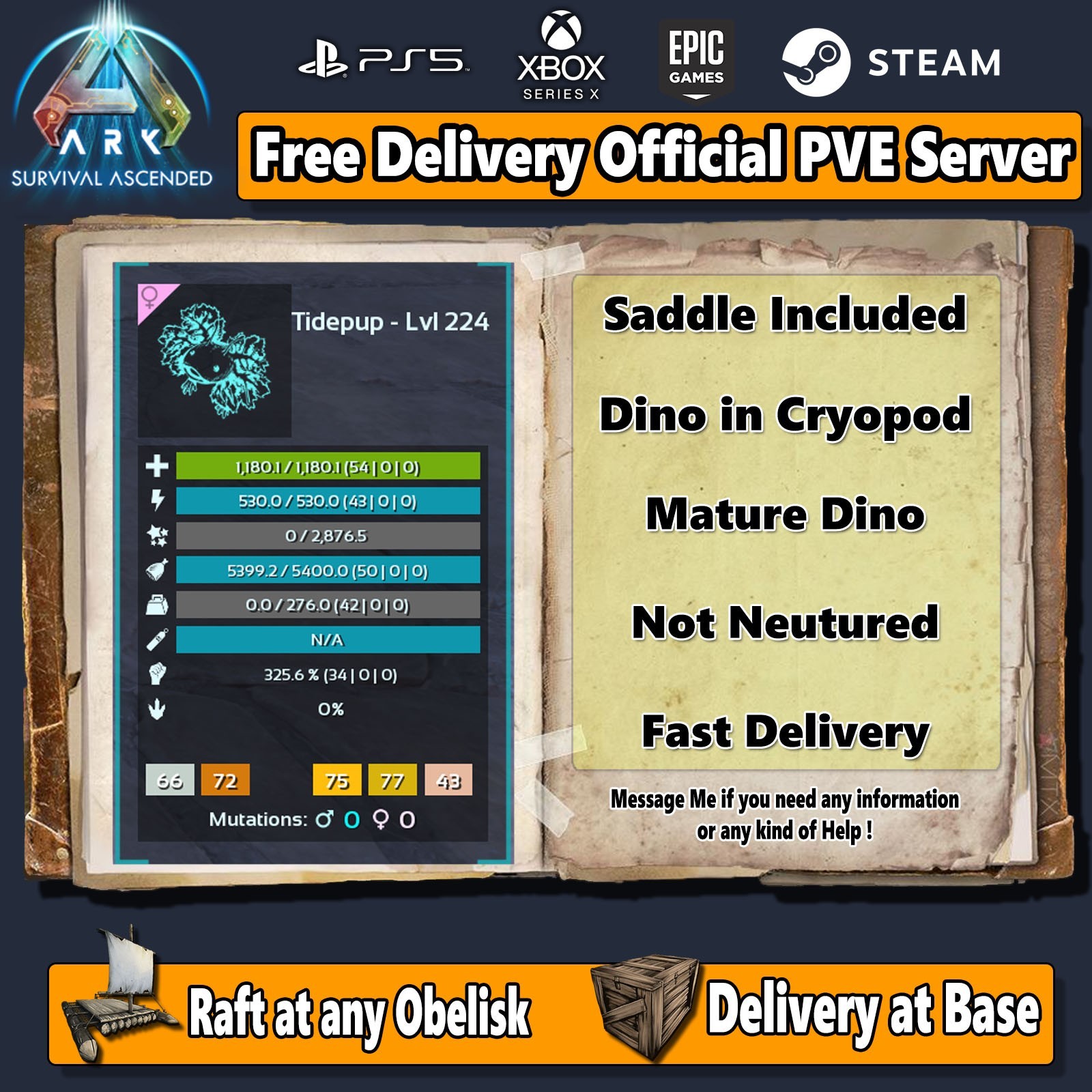 Ark Survival Ascended PC/PS5/XBOX PVE GEN 1 NEW TIDEPUP LEVEL 200+ [clone]