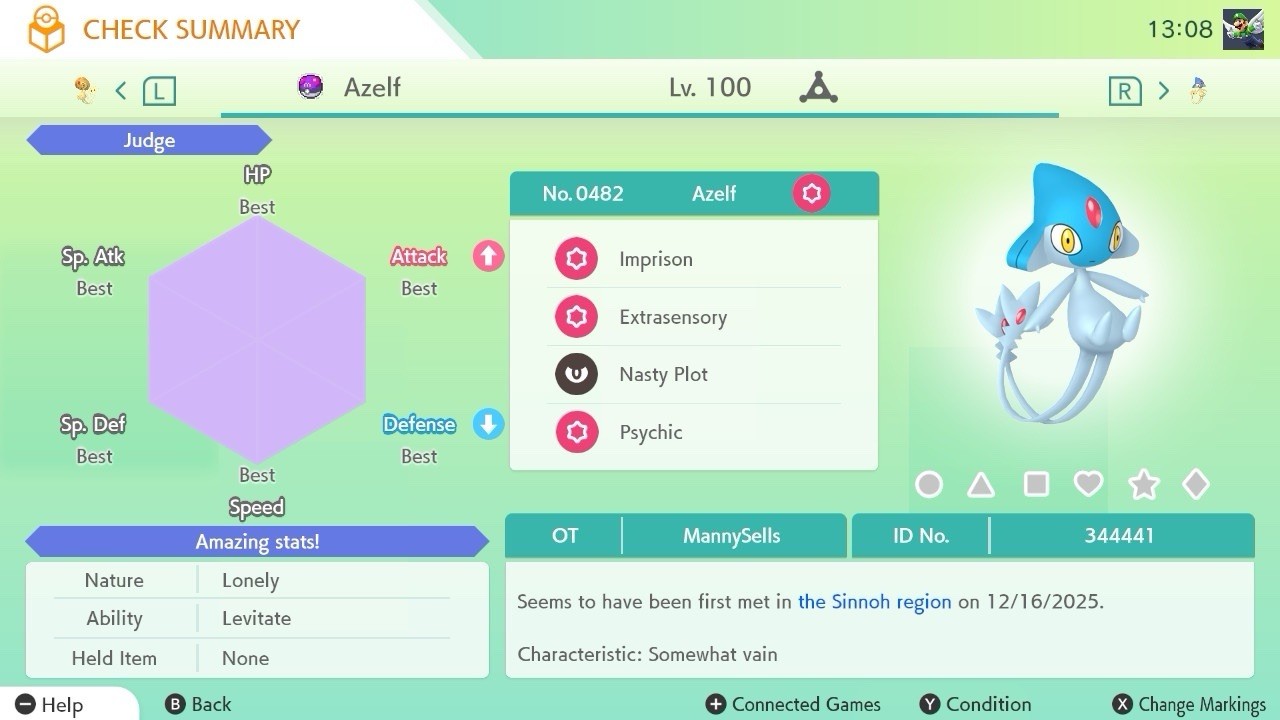 BDSP Caught Legendaries Shiny/Non Shiny, 6IV, Level 100, EVs 6HP 252ATK 252SPE