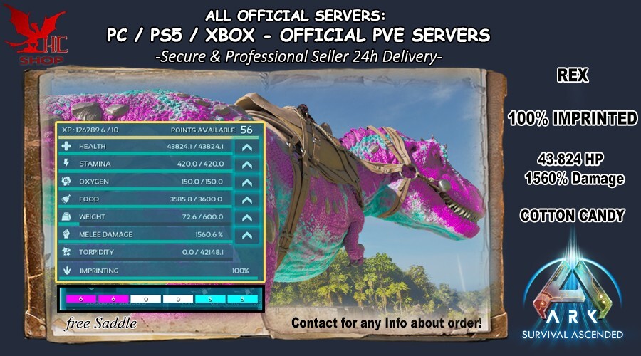 Ark Survival Ascended PC/PS5/XBOX PVE🔥Top Stats REX 43k HP 1560 DM Cotton Candy
