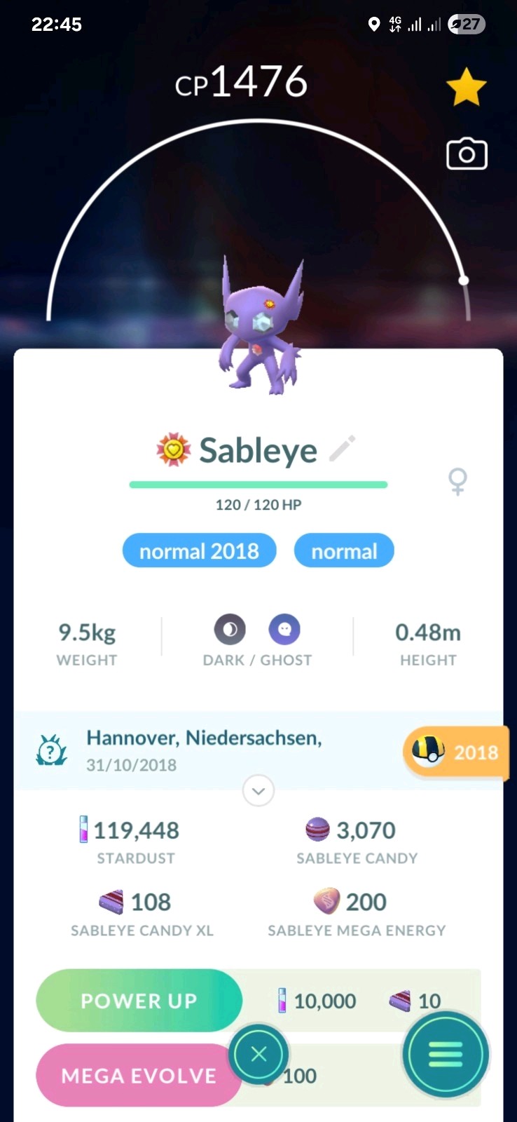 Sableye ( Caught In 2018 ) ( Maxed Level 40 ) ( 3 Moves ) Pokemon Tr@de Go