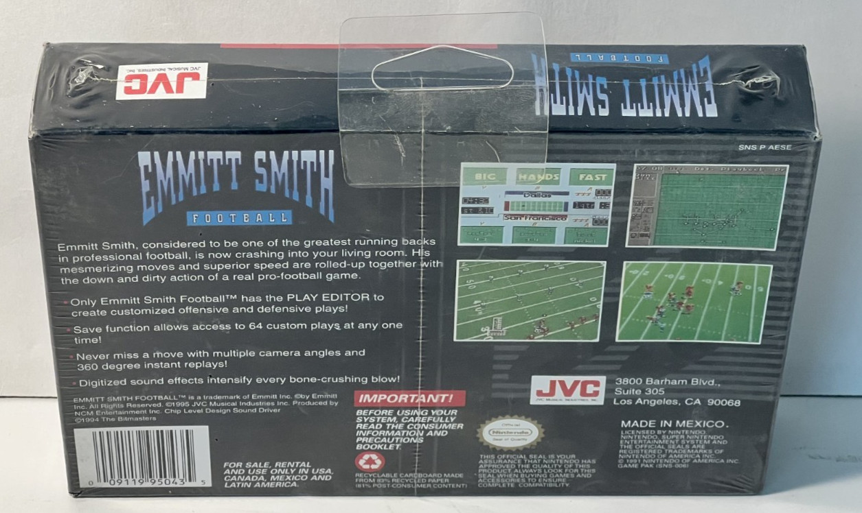 Emmitt Smith Football (Super Nintendo Entertainment System, 1995) New Snes