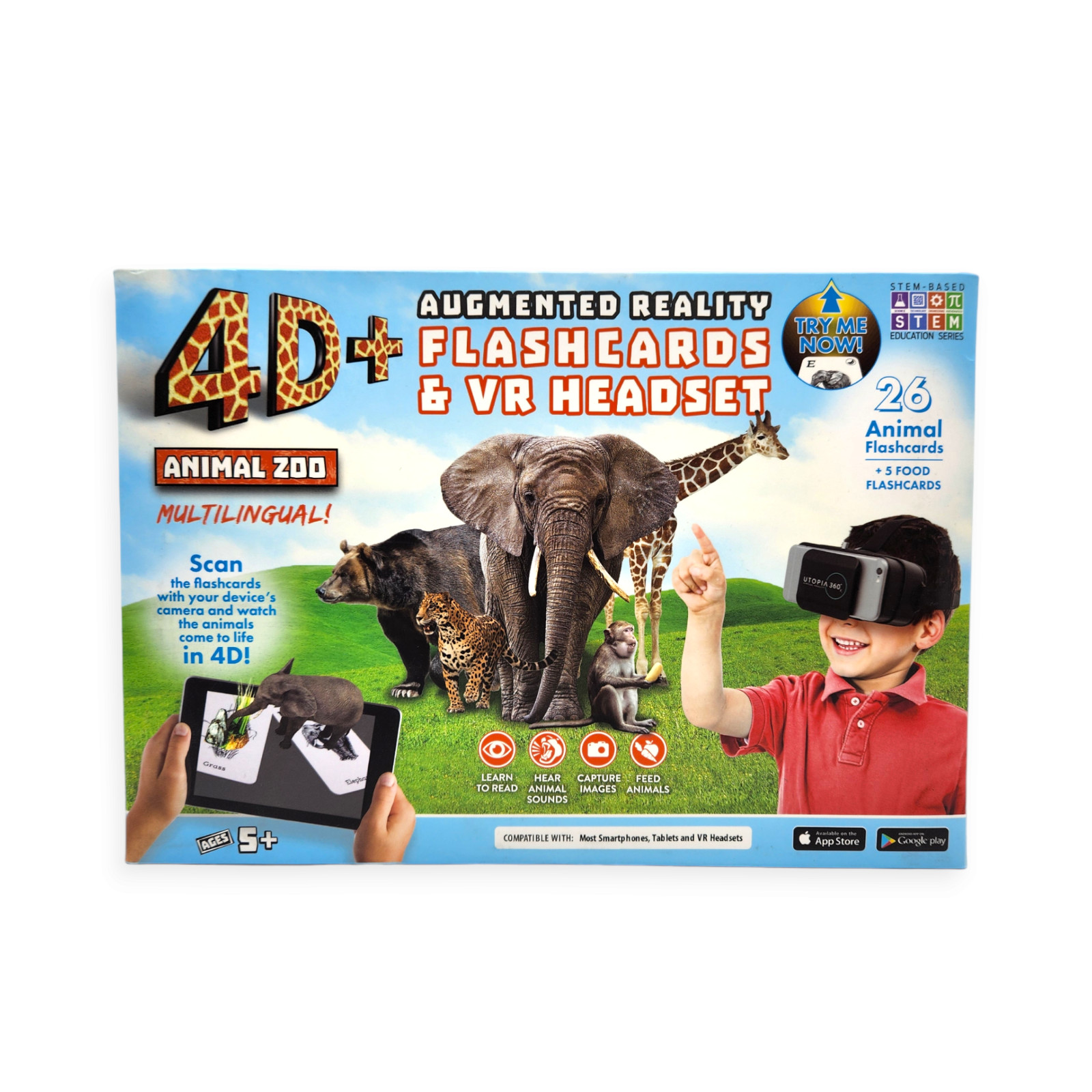 4D+ Augmented Reality Flashcards & VR Headset (Animal Zoo) Bundle For Ages 5+NEW