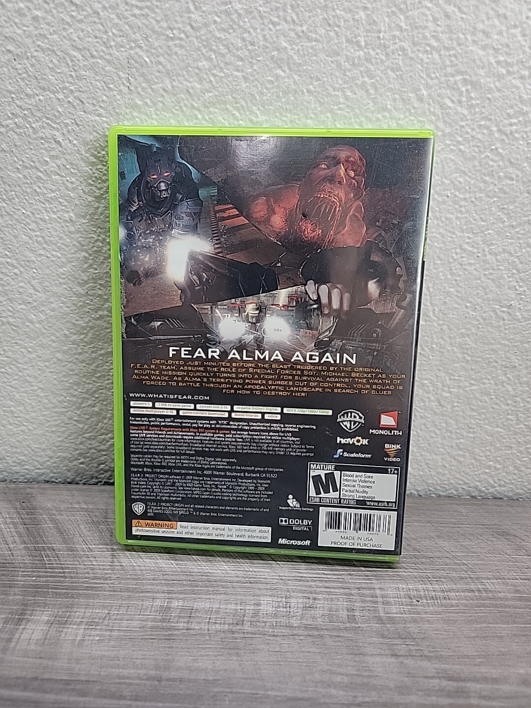 F.E.A.R. 2: Project Origin Xbox 360 Video Game (2009) Monolith HORROR (TESTED)