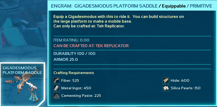 ARK ASCENDED PVE GIGADESMODUS SADDLE PLATFORM SADDLE