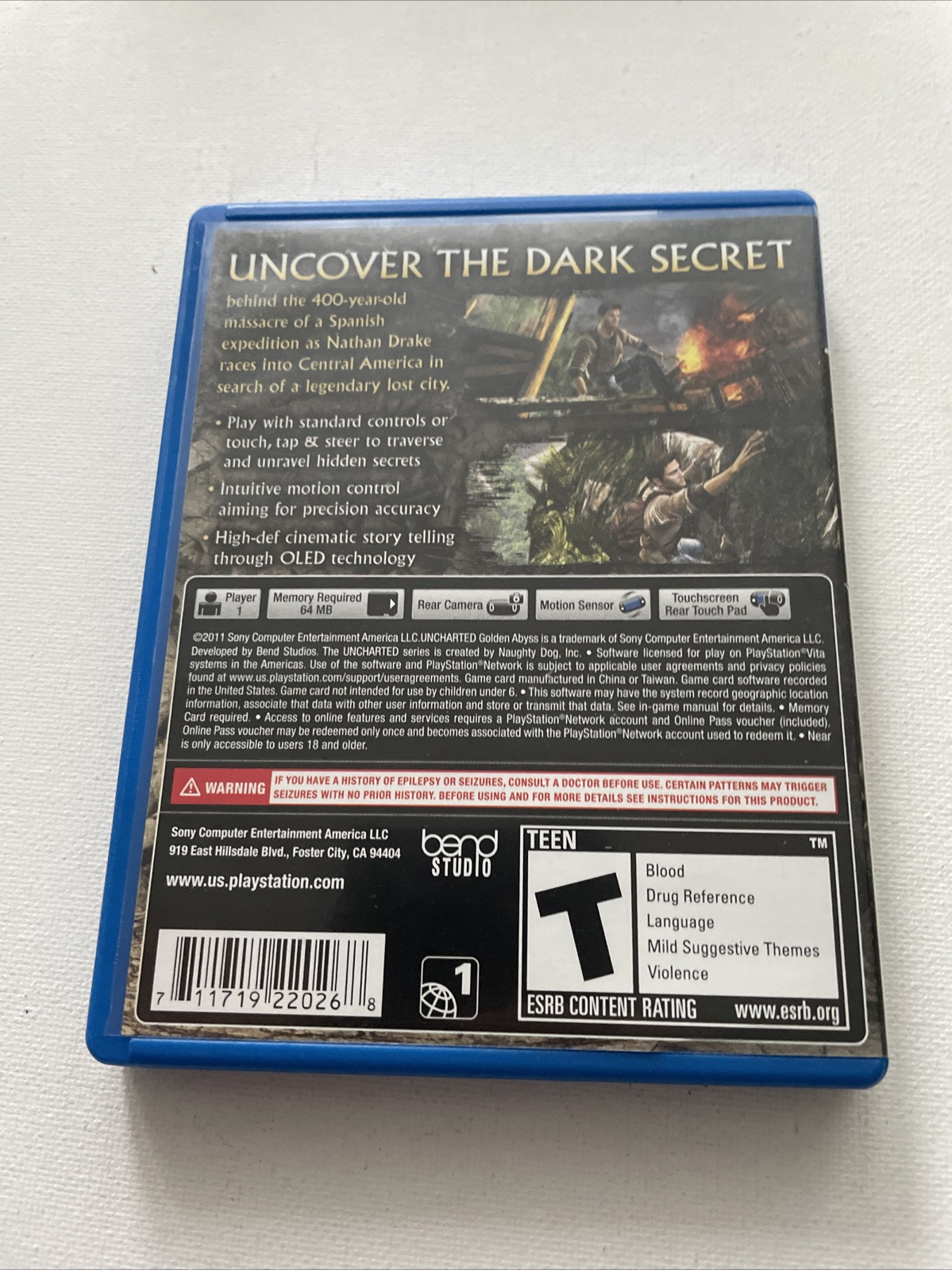 Uncharted: Golden Abyss (PlayStation Vita, 2012) Tested And Working Plastic Case