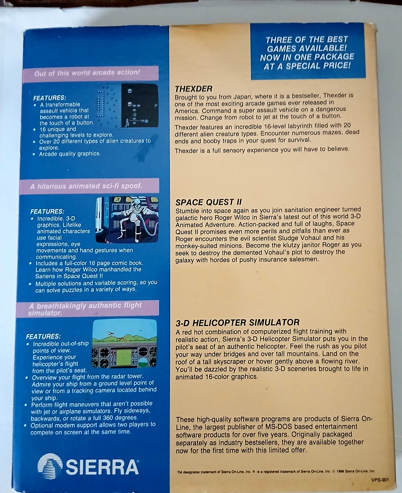 Sierra Value Pack – Space Quest II, Thexder, 3-D Helicopter – Tandy | w/ Manuals