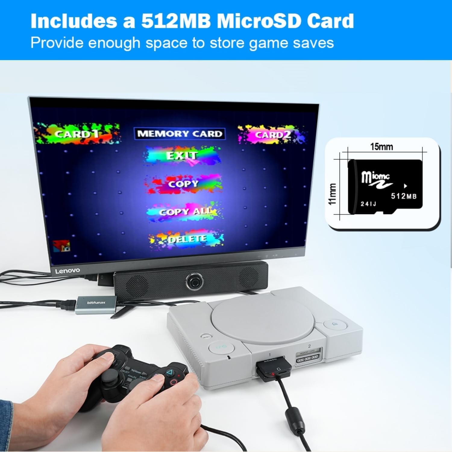 PSxMemCard PS1 Memory Card – Supports Firmware Upgrade, Saves Game Tran-White