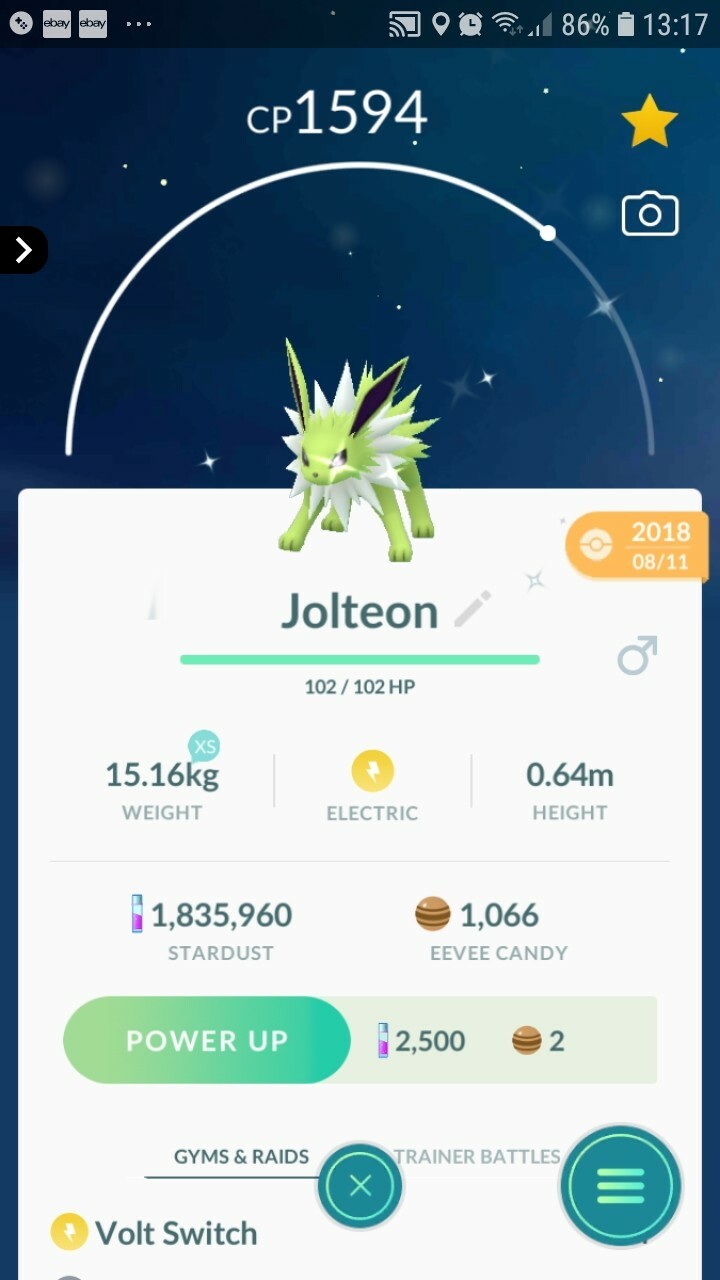 Shiny Jolteon ( Eevee Evolution ) Pokemon Tr@de Go